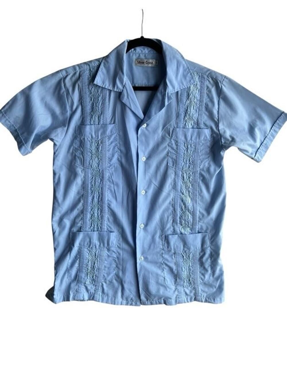 Silver Crest Mexican Cuban Guayabera Embroidered Baby Blue Size Medium 44" Chest